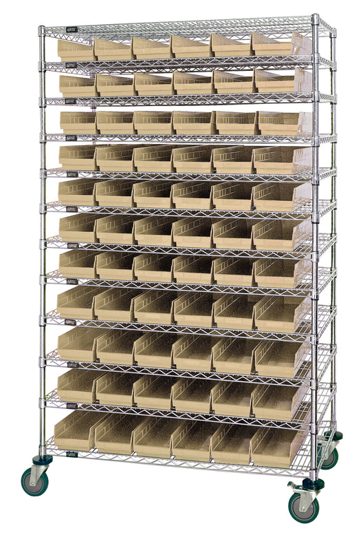 Quantum WR74-1860-88104CL, 18"W 60"D 74"H Bin Wire Shelving System, Clear Bins, Chrome Plated Finish