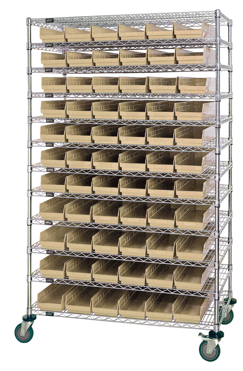 Quantum WR74-2448-66106IV, 24"W 48"D 74"H Bin Wire Shelving System, Ivory Bins, Chrome Plated Finish