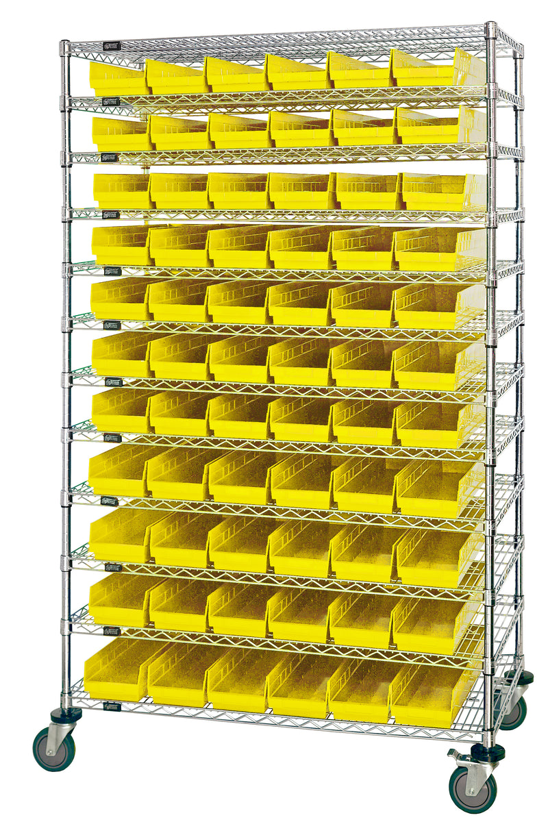 Quantum WR74-1248-66102YL, 12"W 48"D 74"H Bin Wire Shelving System, Yellow Bins, Chrome Plated Finish