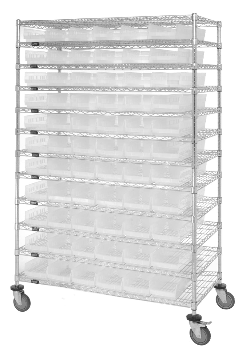 Quantum WR74-2472-176105BK, 24"W 72"D 74"H Bin Wire Shelving System, Black Bins, Chrome Plated Finish
