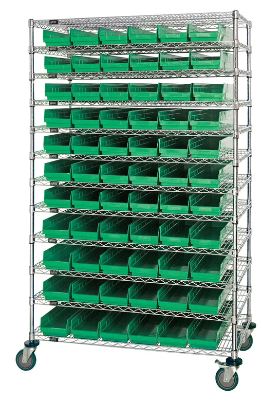 Quantum WR74-1248-66102GN, 12"W 48"D 74"H Bin Wire Shelving System, Green Bins, Chrome Plated Finish