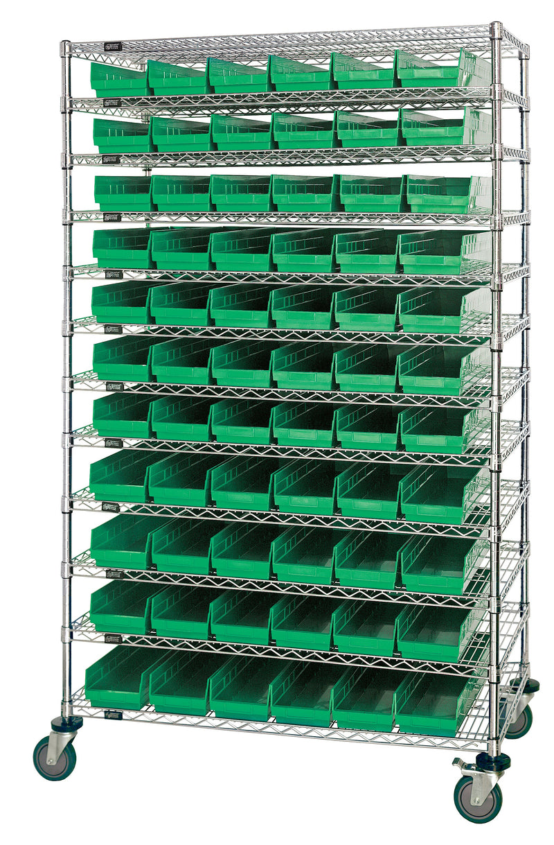 Quantum WR74-1860-88104GN, 18"W 60"D 74"H Bin Wire Shelving System, Green Bins, Chrome Plated Finish