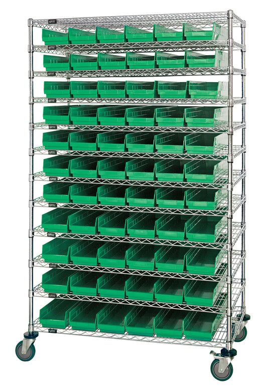 Quantum WR74-1260-88102GN, 12"W 60"D 74"H Bin Wire Shelving System, Green Bins, Chrome Plated Finish