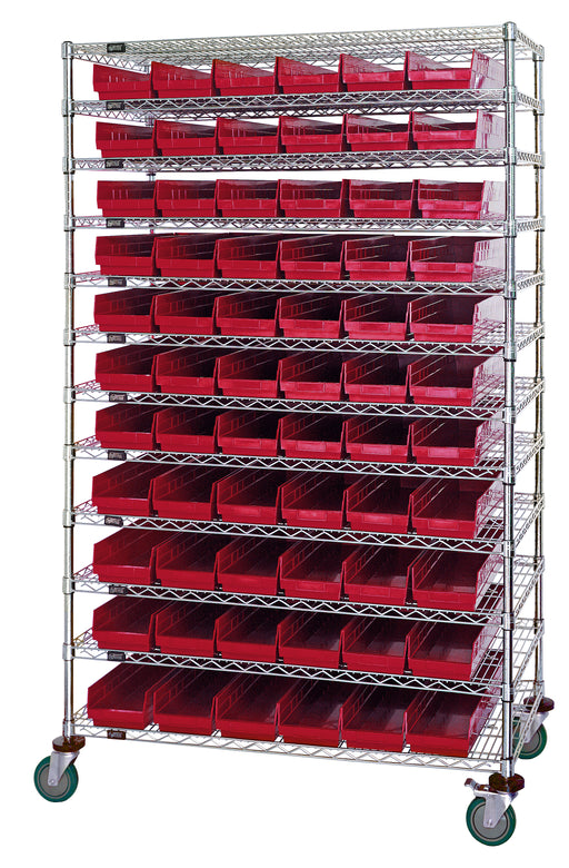 Quantum WR74-1248-66102RD, 12"W 48"D 74"H Bin Wire Shelving System, Red Bins, Chrome Plated Finish