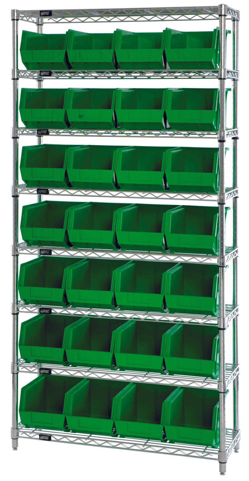 Quantum WR8-239GN, 12"W 36"D 74"H Bin Wire Shelving System, Green Bins, Chrome Plated Finish