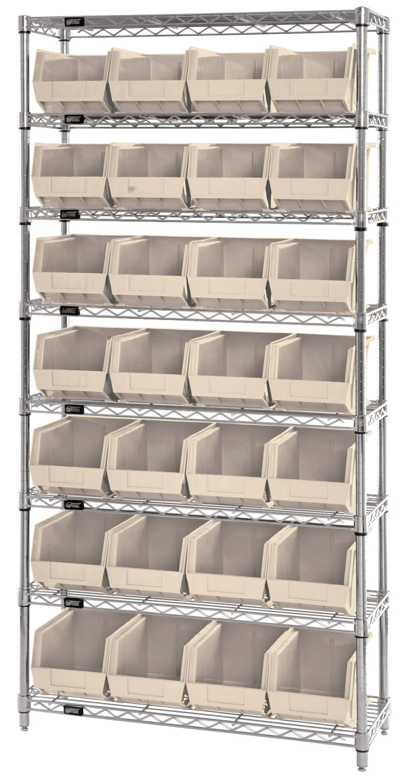 Quantum WR8-239IV, 12"W 36"D 74"H Bin Wire Shelving System, Ivory Bins, Chrome Plated Finish