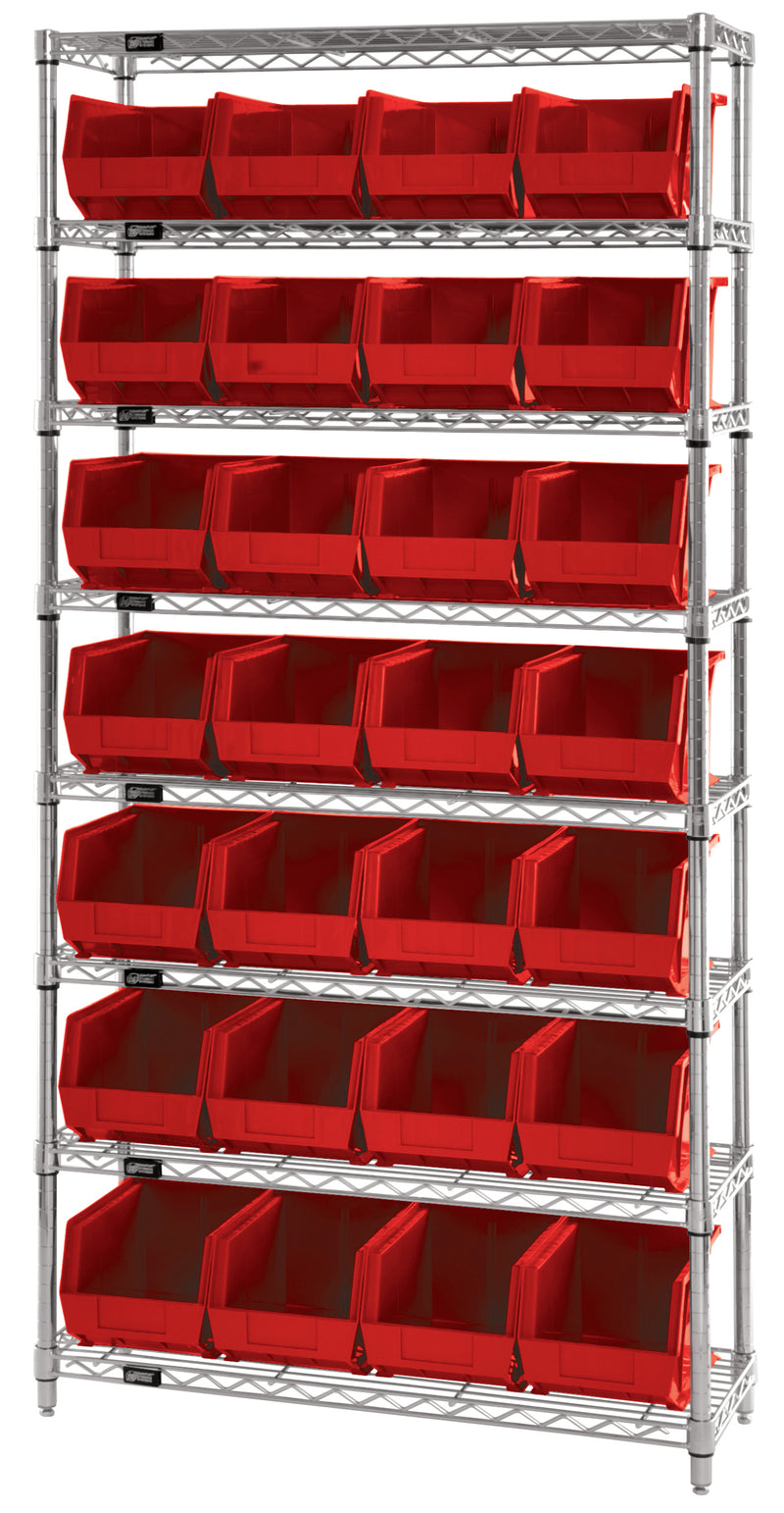 Quantum WR8-239RD, 12"W 36"D 74"H Bin Wire Shelving System, Red Bins, Chrome Plated Finish