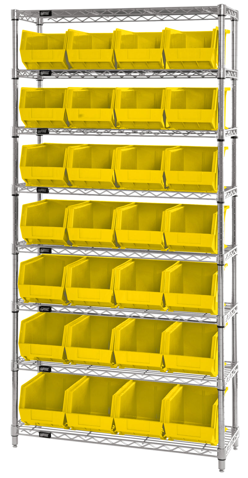 Quantum WR8-239YL, 12"W 36"D 74"H Bin Wire Shelving System, Yellow Bins, Chrome Plated Finish