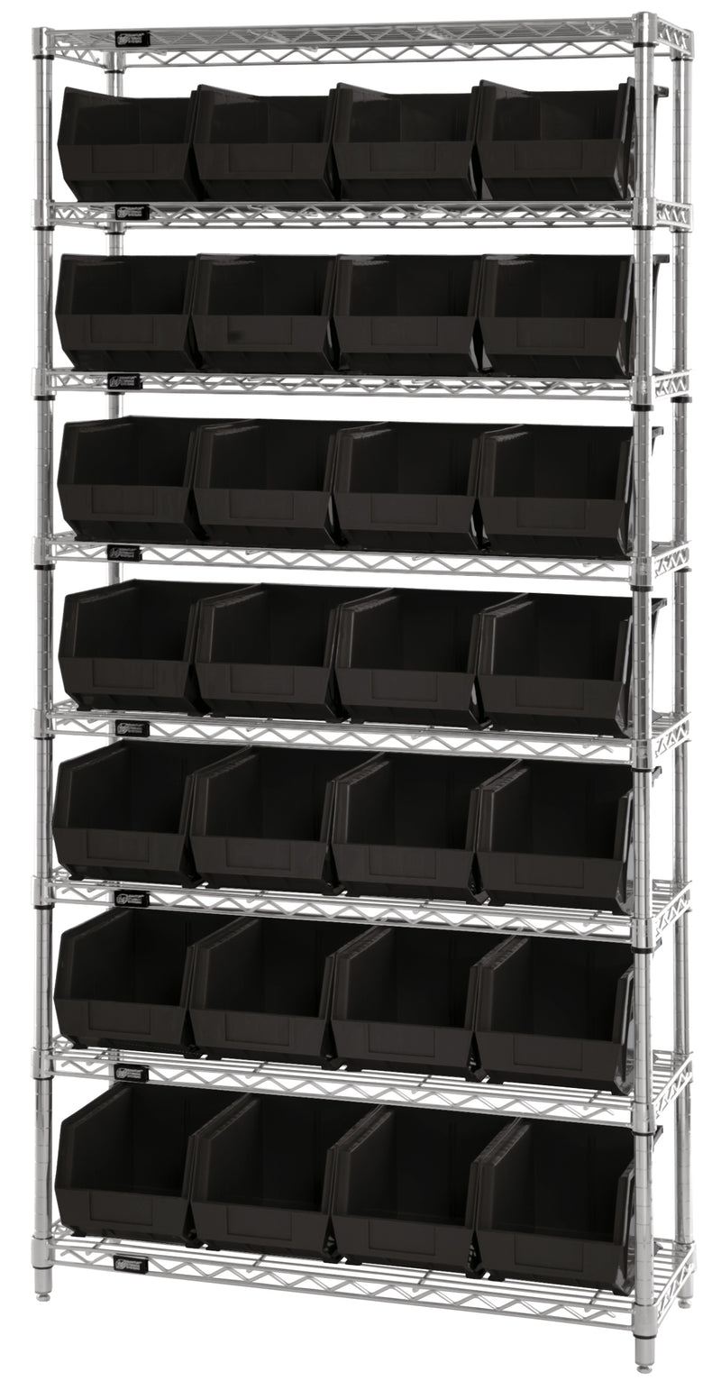 Quantum WR8-240BK, 14"W 36"D 74"H Bin Wire Shelving System, Black Bins, Chrome Plated Finish