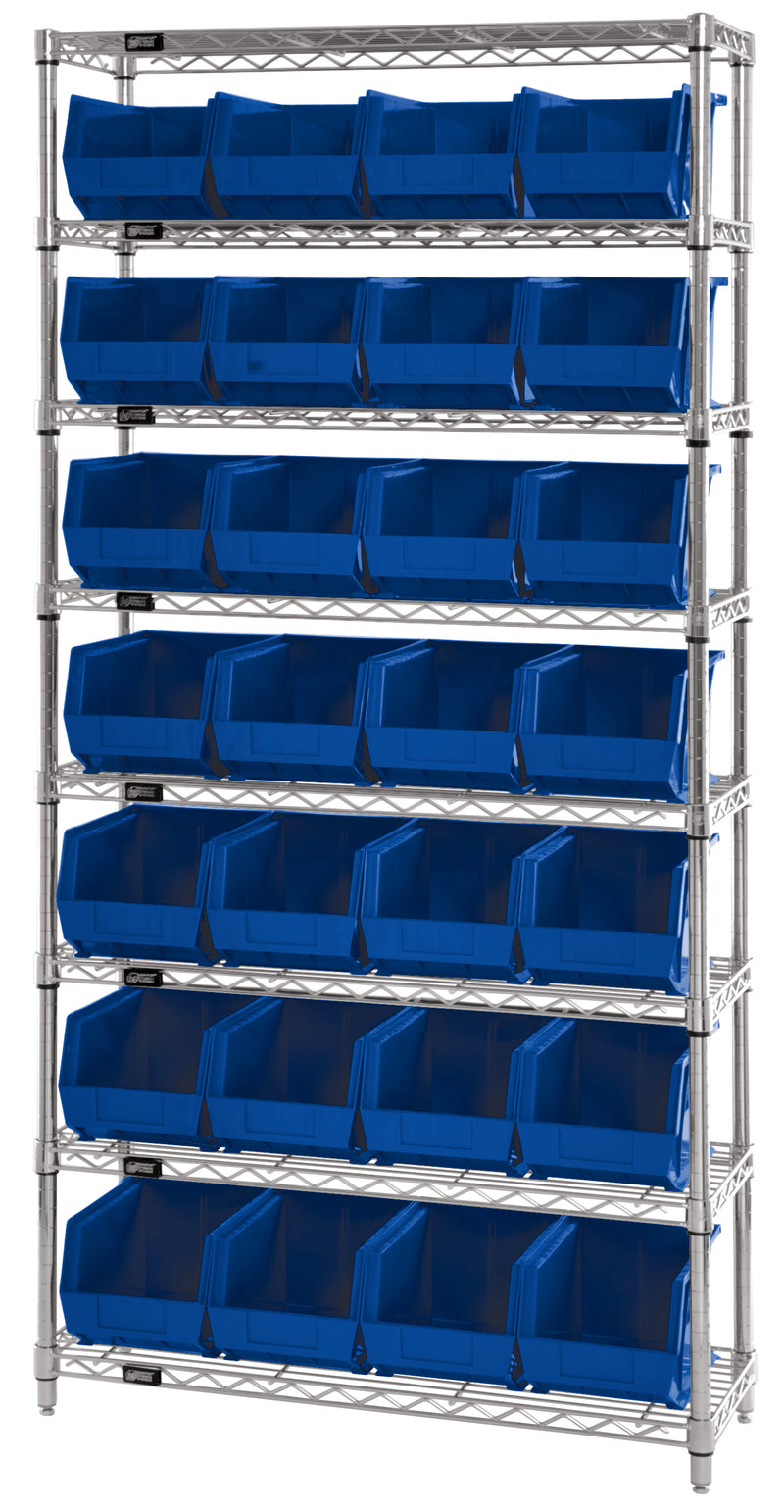 Quantum WR8-240BL, 14"W 36"D 74"H Bin Wire Shelving System, Blue Bins, Chrome Plated Finish