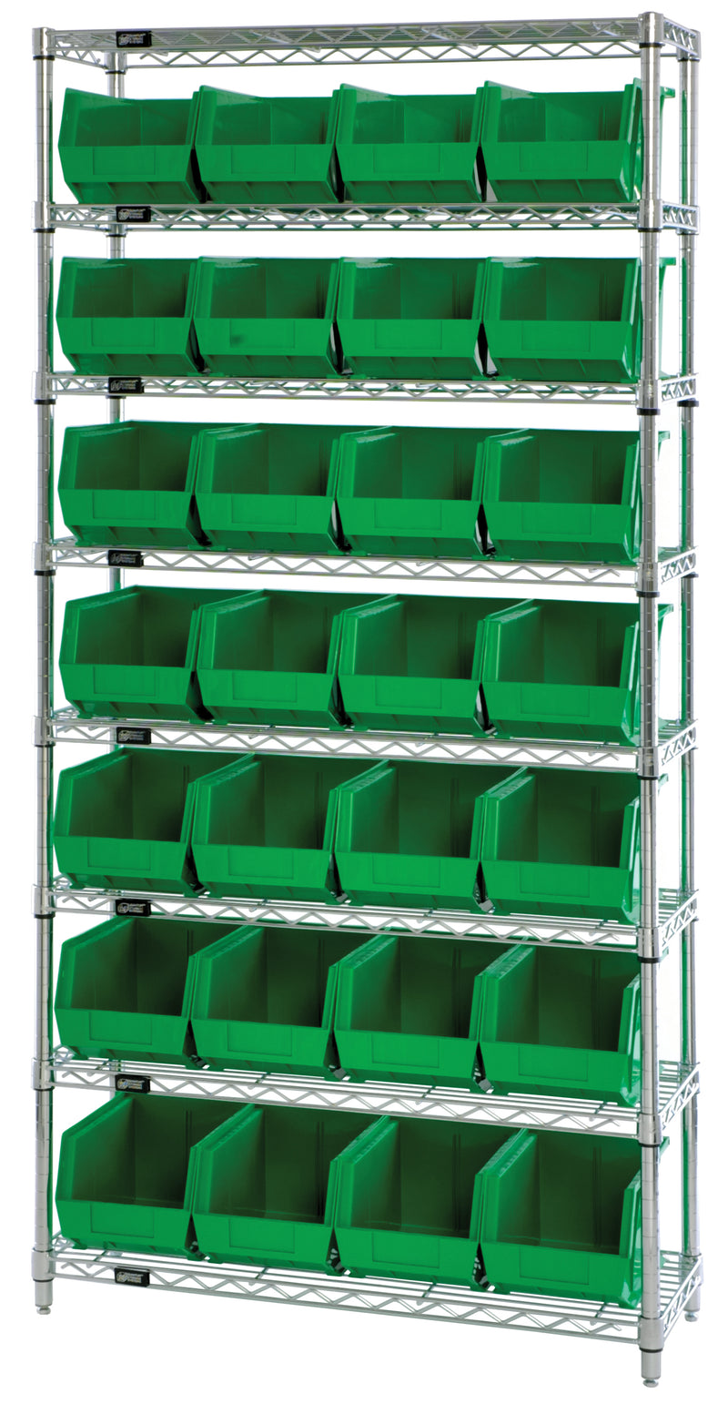 Quantum WR8-240GN, 14"W 36"D 74"H Bin Wire Shelving System, Green Bins, Chrome Plated Finish