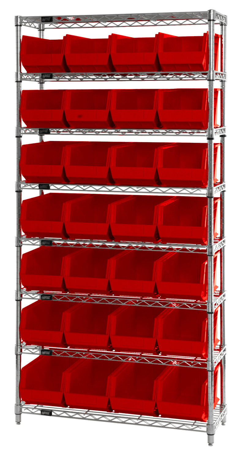 Quantum WR8-240RD, 14"W 36"D 74"H Bin Wire Shelving System, Red Bins, Chrome Plated Finish