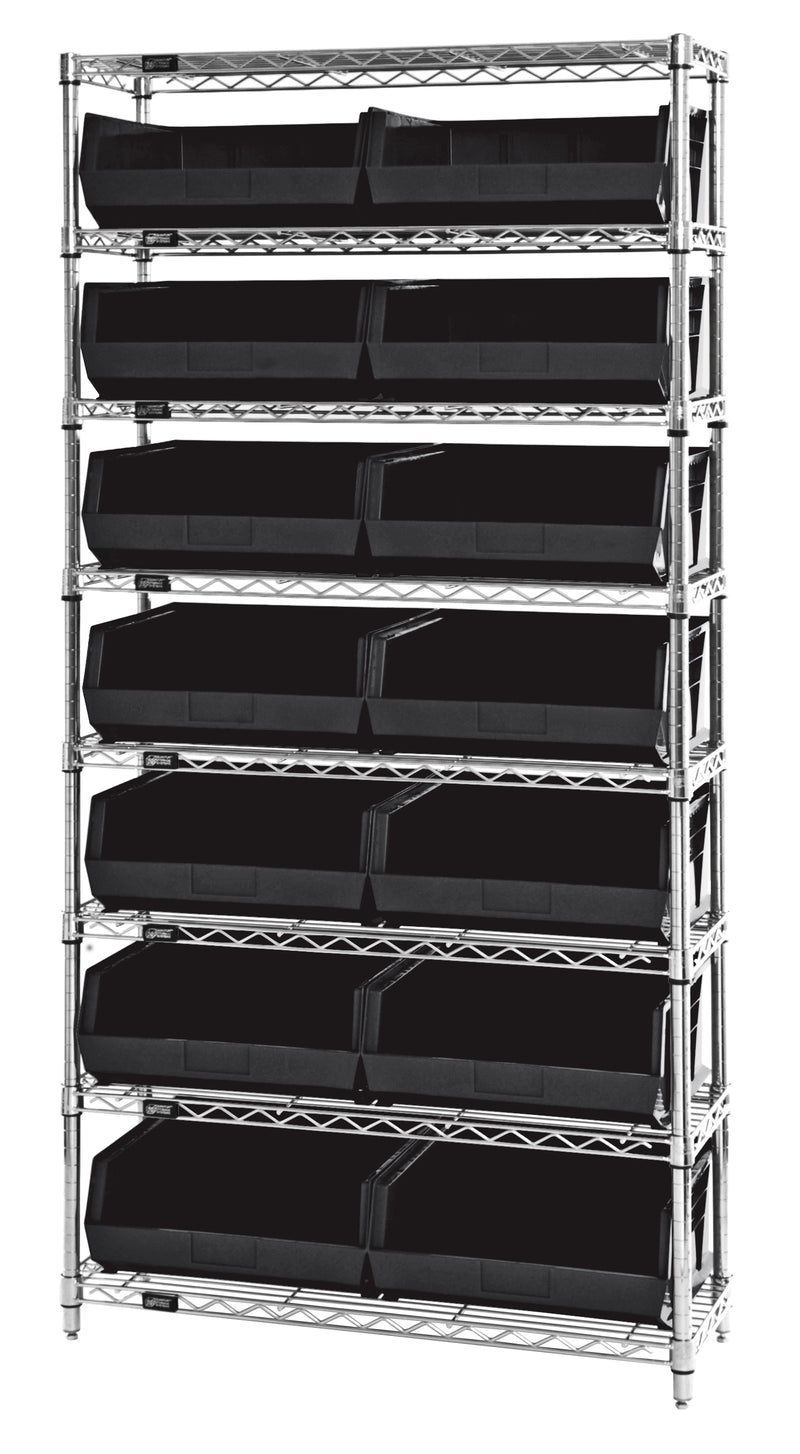Quantum WR8-250BK, 14"W 36"D 74"H Bin Wire Shelving System, Black Bins, Chrome Plated Finish