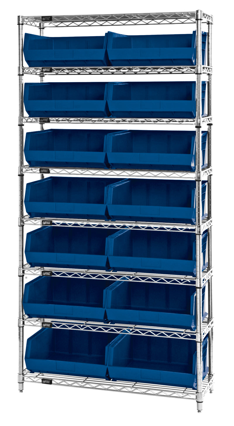 Quantum WR8-250BL, 14"W 36"D 74"H Bin Wire Shelving System, Blue Bins, Chrome Plated Finish