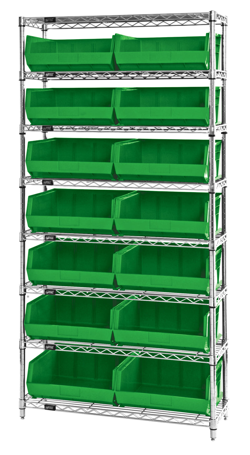 Quantum WR8-250GN, 14"W 36"D 74"H Bin Wire Shelving System, Green Bins, Chrome Plated Finish