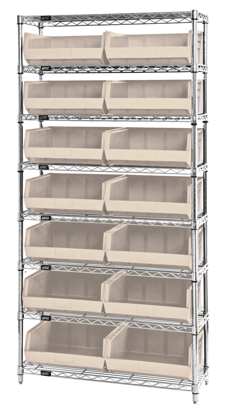 Quantum WR8-250IV, 14"W 36"D 74"H Bin Wire Shelving System, Ivory Bins, Chrome Plated Finish