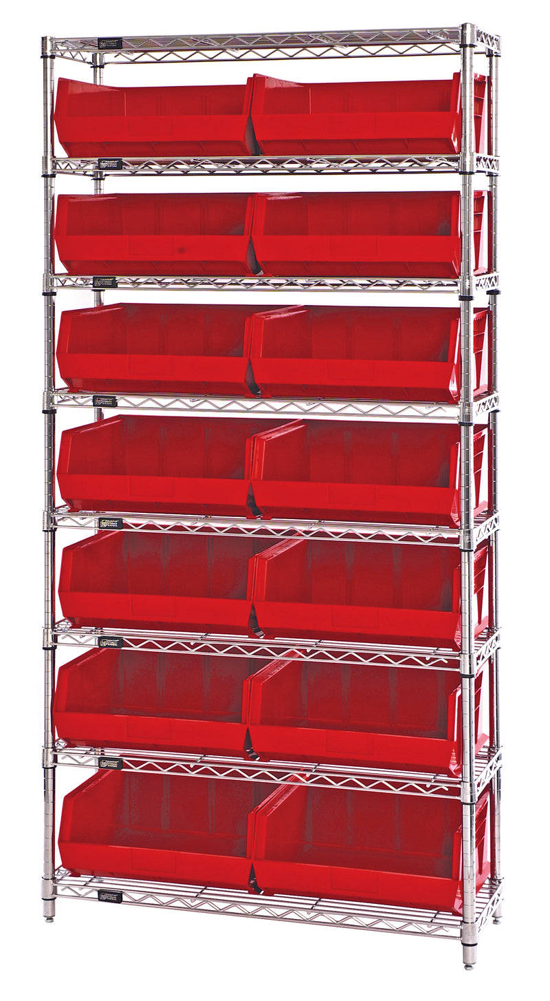 Quantum WR8-250RD, 14"W 36"D 74"H Bin Wire Shelving System, Red Bins, Chrome Plated Finish