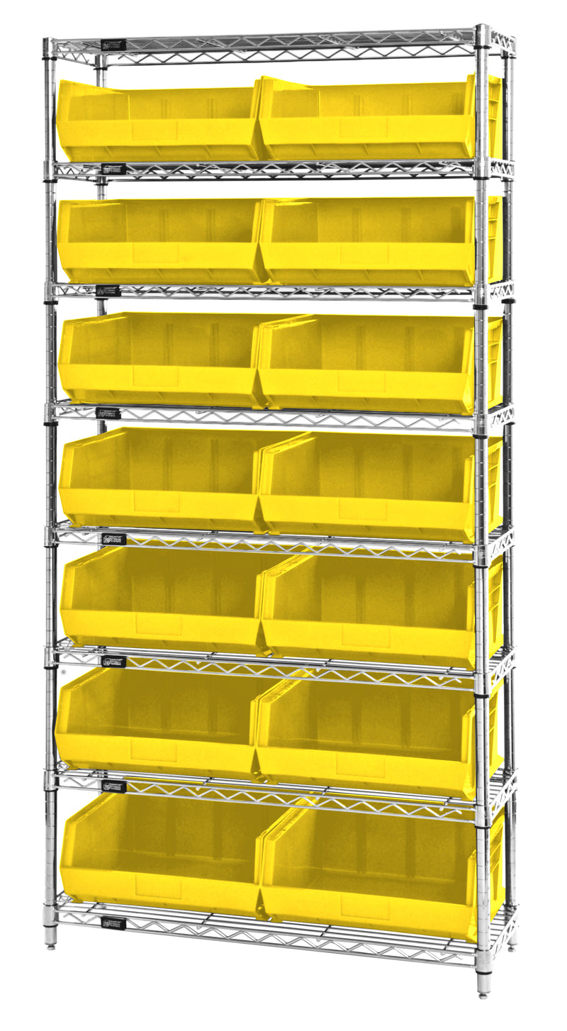 Quantum WR8-250YL, 14"W 36"D 74"H Bin Wire Shelving System, Yellow Bins, Chrome Plated Finish