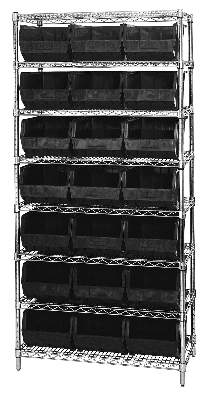 Quantum WR8-255BK, 18"W 36"D 74"H Bin Wire Shelving System, Black Bins, Chrome Plated Finish