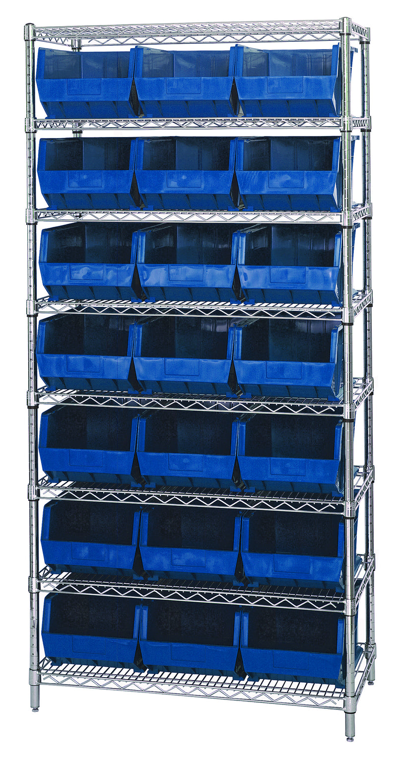 Quantum WR8-255BL, 18"W 36"D 74"H Bin Wire Shelving System, Blue Bins, Chrome Plated Finish