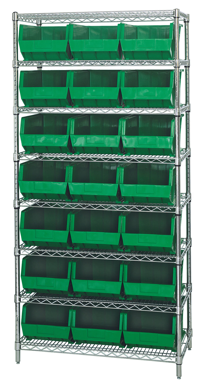 Quantum WR8-255GN, 18"W 36"D 74"H Bin Wire Shelving System, Green Bins, Chrome Plated Finish