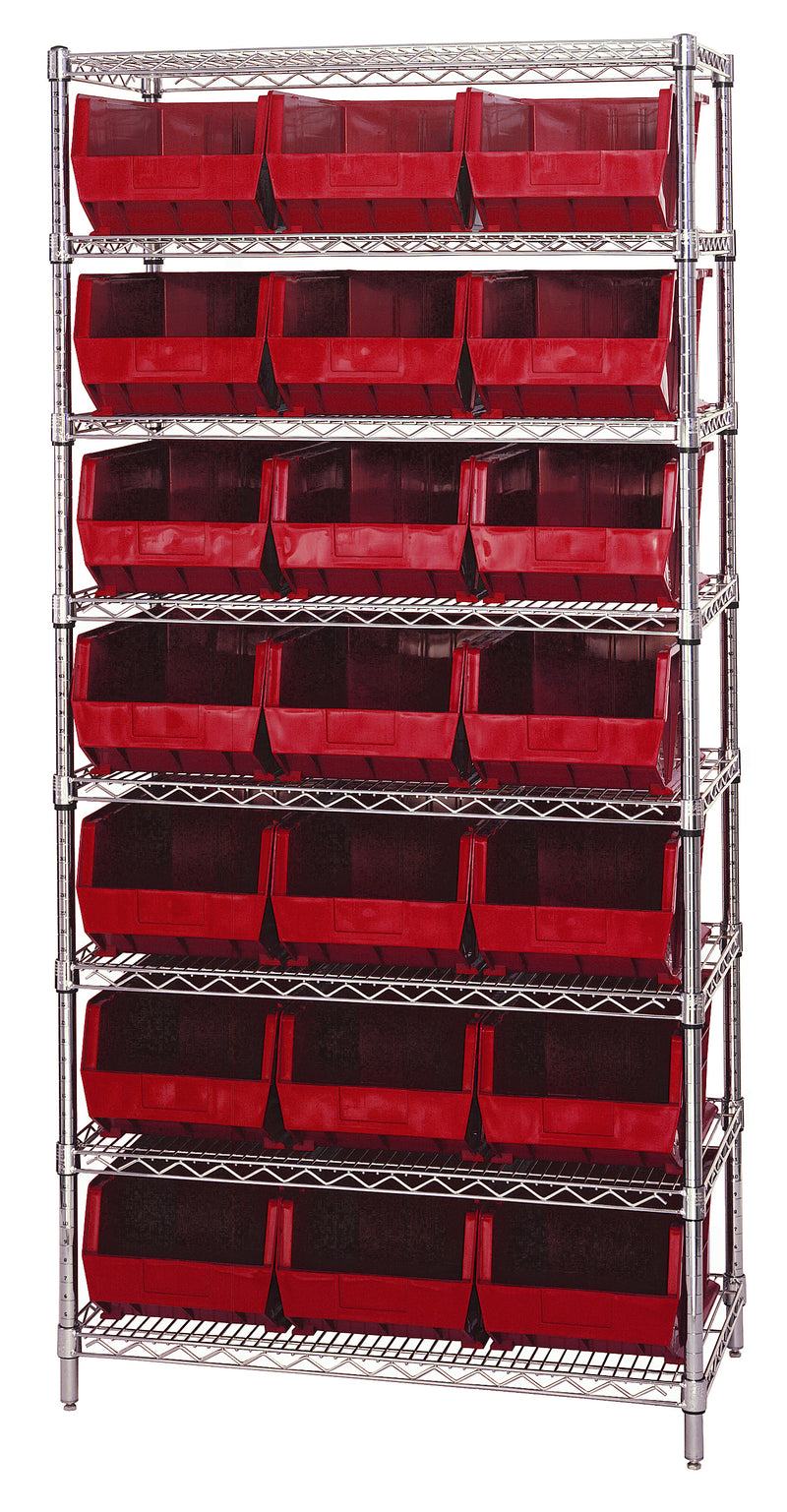 Quantum WR8-255RD, 18"W 36"D 74"H Bin Wire Shelving System, Red Bins, Chrome Plated Finish