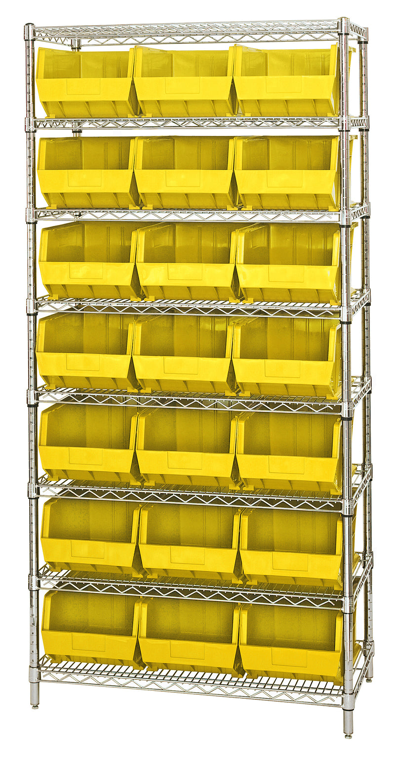 Quantum WR8-255YL, 18"W 36"D 74"H Bin Wire Shelving System, Yellow Bins, Chrome Plated Finish