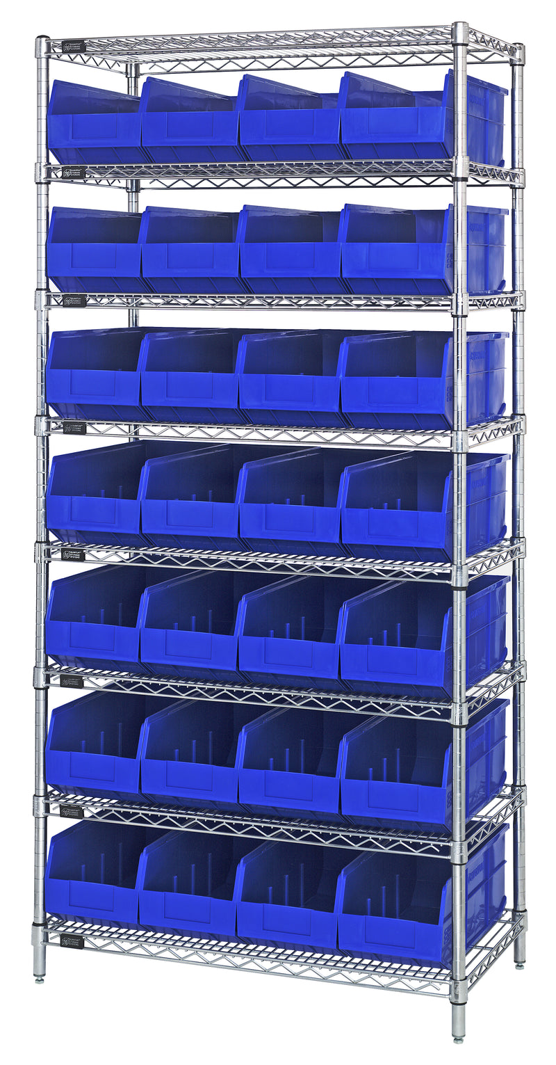 Quantum WR8-423BL, 12"W 36"D 74"H Bin Wire Shelving System, Blue Bins, Chrome Plated Finish