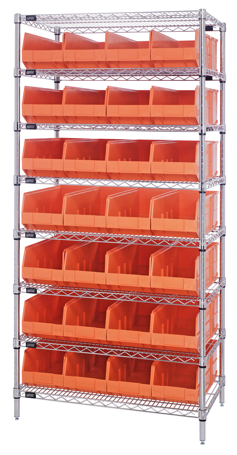 Quantum WR8-443OR, 14"W 36"D 74"H Bin Wire Shelving System,  Bins, Chrome Plated Finish