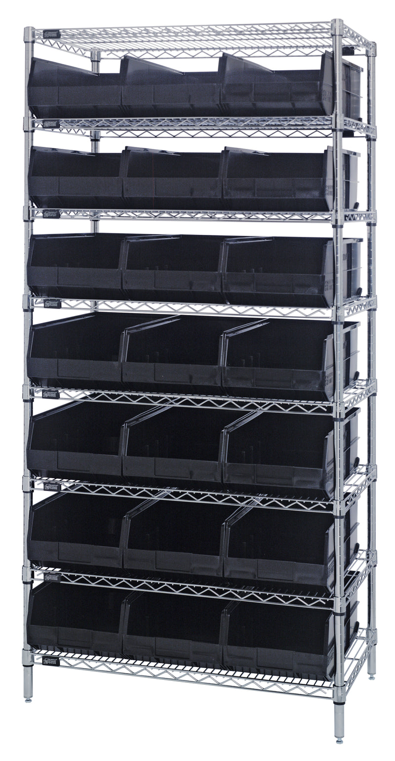 Quantum WR8-445BK, 14"W 36"D 74"H Bin Wire Shelving System, Black Bins, Chrome Plated Finish