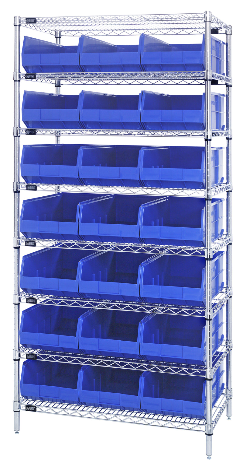 Quantum WR8-445BL, 14"W 36"D 74"H Bin Wire Shelving System, Blue Bins, Chrome Plated Finish