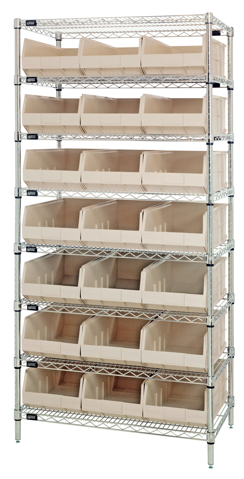Quantum WR8-445IV, 14"W 36"D 74"H Bin Wire Shelving System, Ivory Bins, Chrome Plated Finish