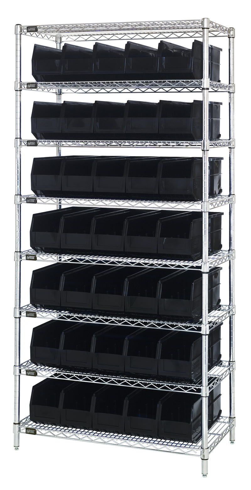 Quantum WR8-461BK, 18"W 36"D 74"H Bin Wire Shelving System, Black Bins, Chrome Plated Finish