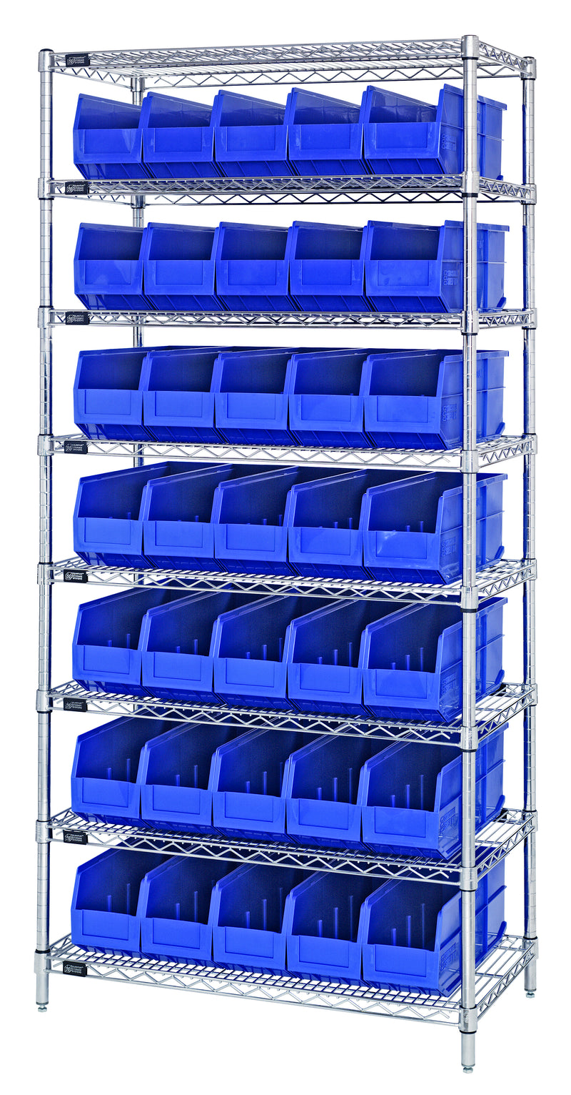 Quantum WR8-461BL, 18"W 36"D 74"H Bin Wire Shelving System, Blue Bins, Chrome Plated Finish
