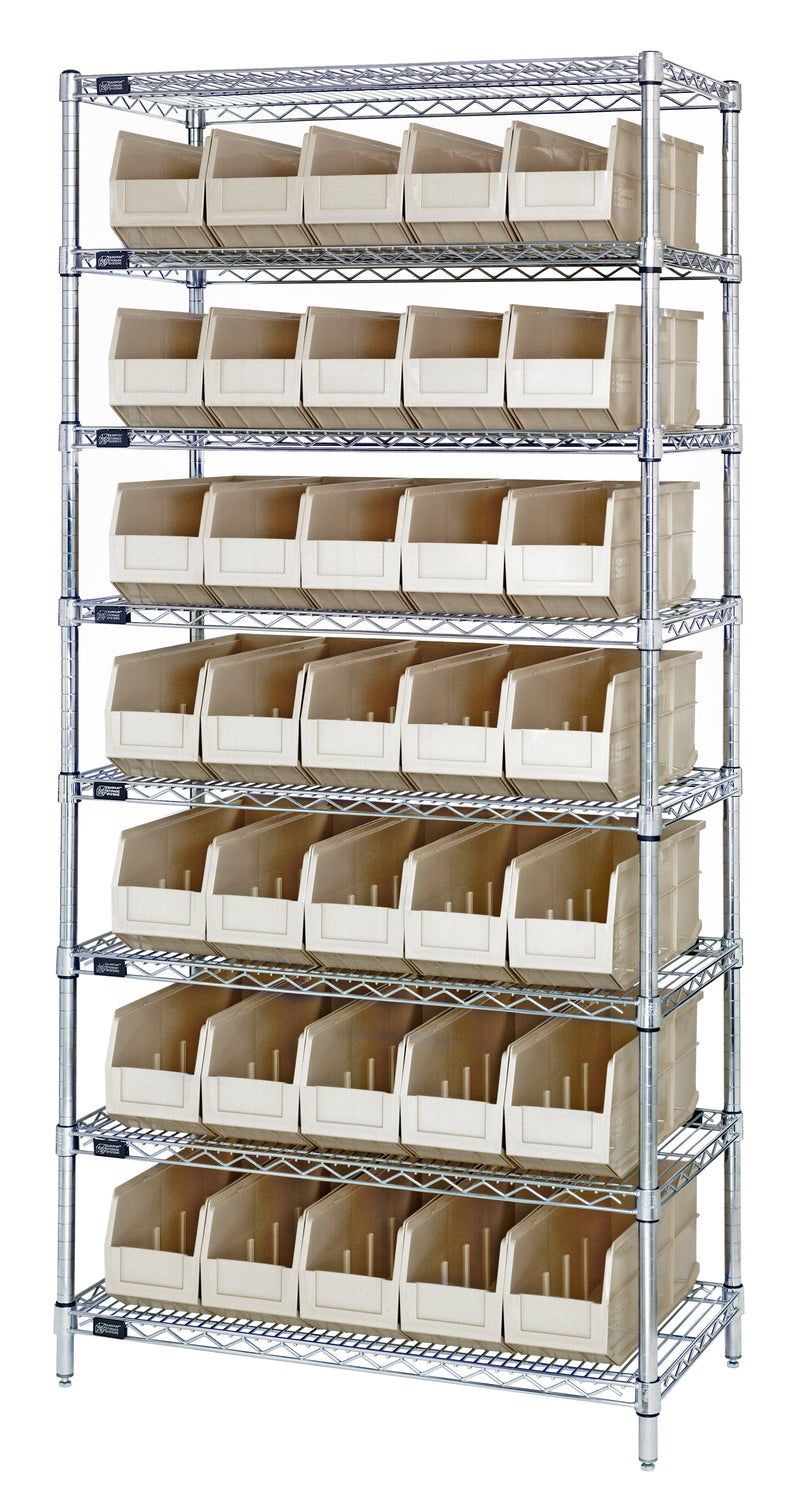 Quantum WR8-461IV, 18"W 36"D 74"H Bin Wire Shelving System, Ivory Bins, Chrome Plated Finish