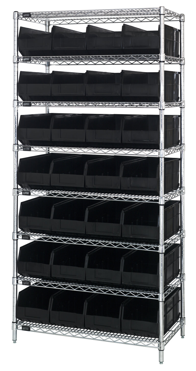 Quantum WR8-463BK, 18"W 36"D 74"H Bin Wire Shelving System, Black Bins, Chrome Plated Finish