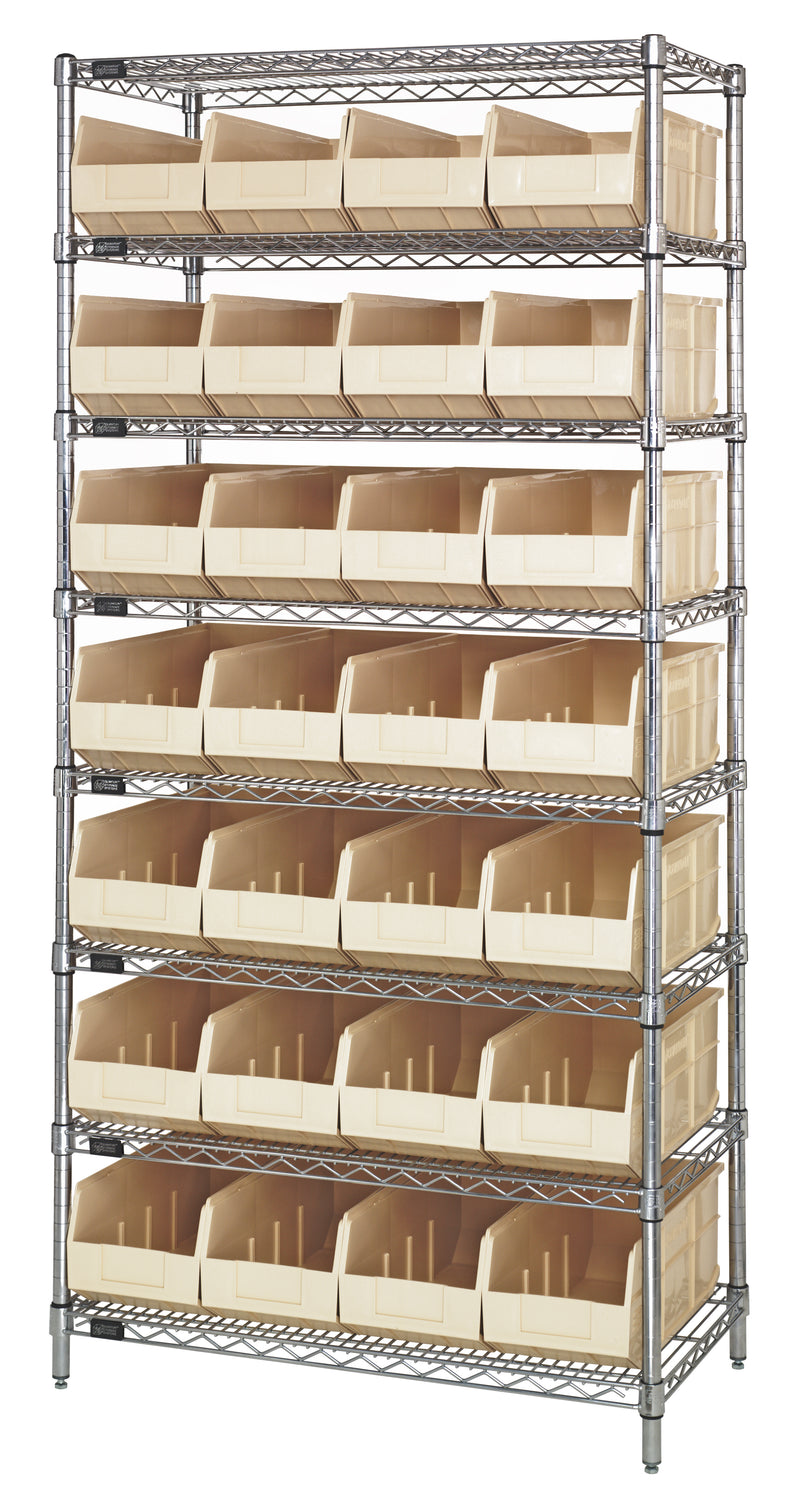 Quantum WR8-463IV, 18"W 36"D 74"H Bin Wire Shelving System, Ivory Bins, Chrome Plated Finish