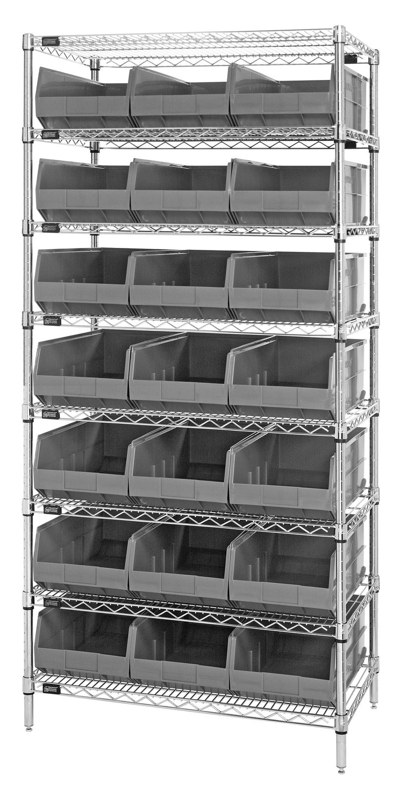 Quantum WR8-465GY, 18"W 36"D 74"H Bin Wire Shelving System, Chrome Plated Finish