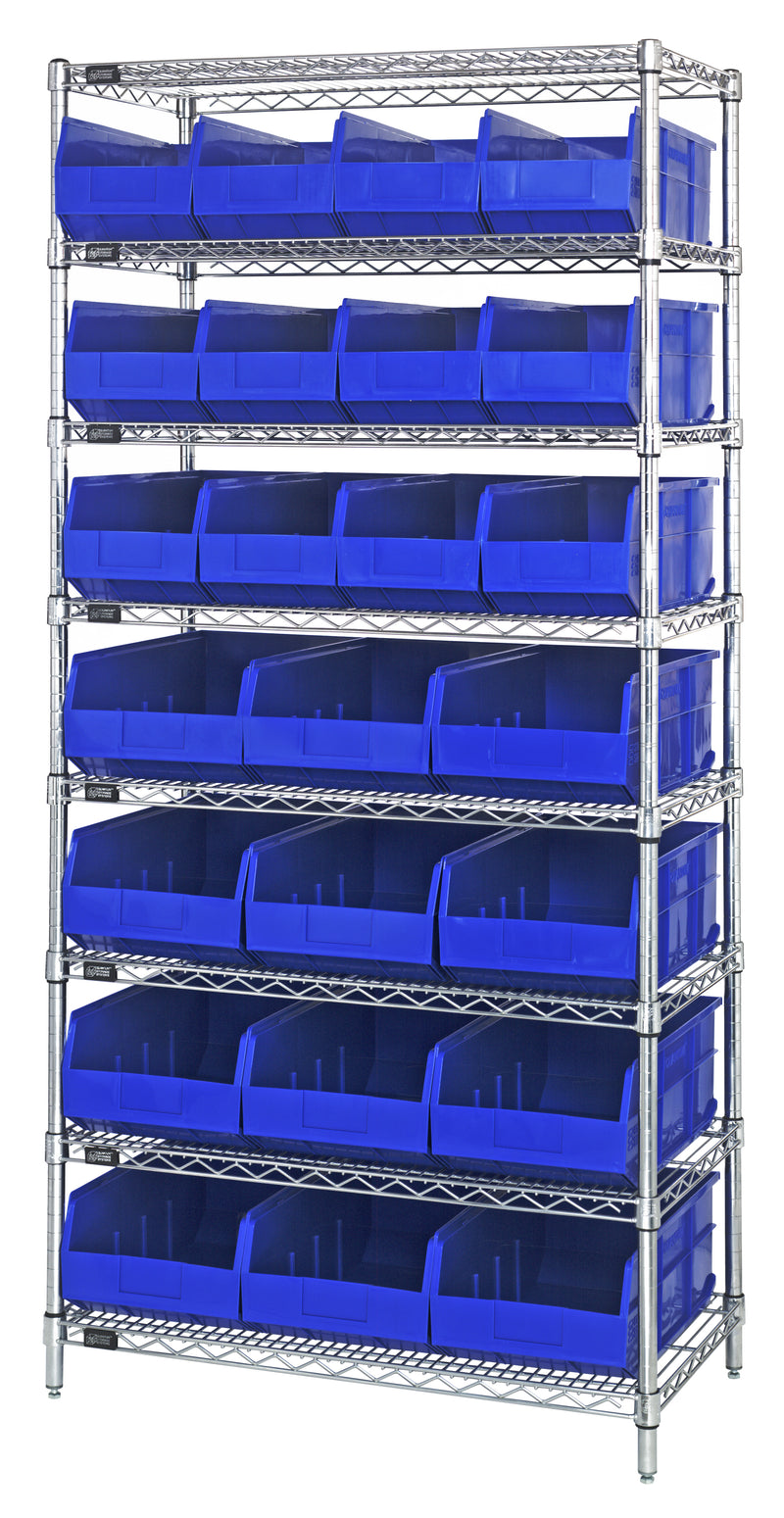 Quantum WR8-483485BL, 21"W 36"D 74"H Bin Wire Shelving System, Blue Bins, Chrome Plated Finish