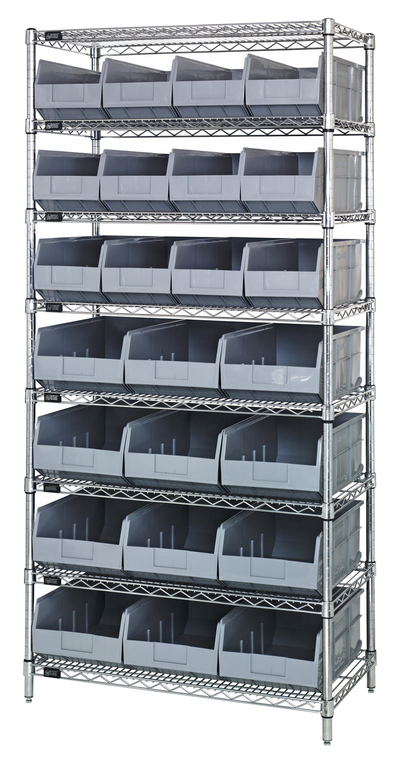 Quantum WR8-483485GY, 21"W 36"D 74"H Bin Wire Shelving System, Chrome Plated Finish