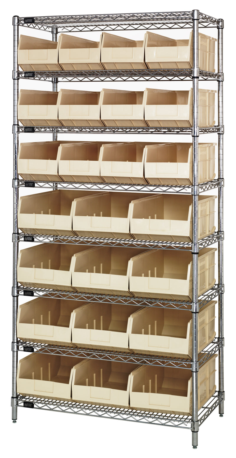 Quantum WR8-483485IV, 21"W 36"D 74"H Bin Wire Shelving System, Ivory Bins, Chrome Plated Finish