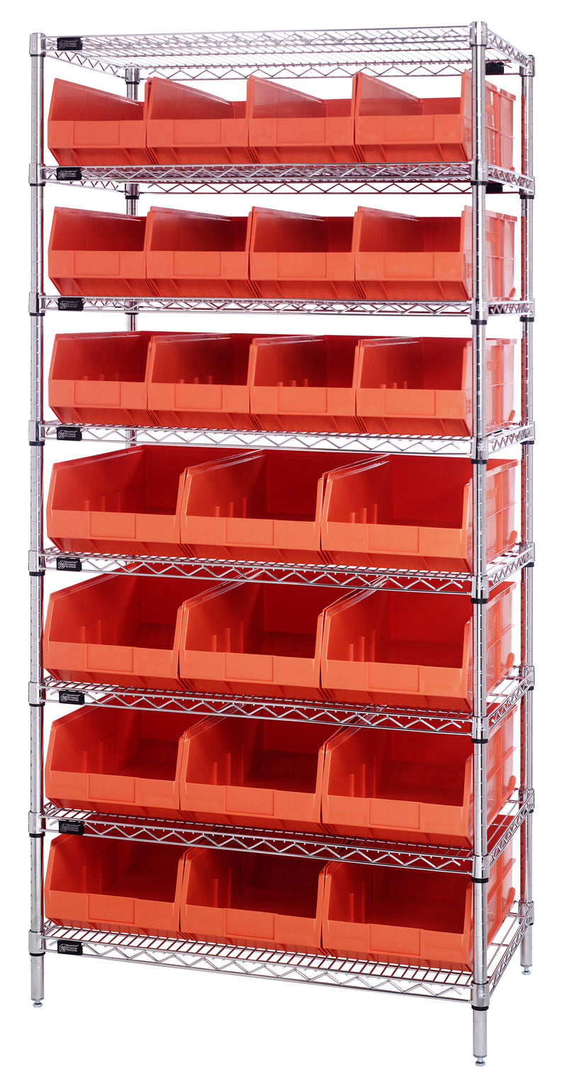 Quantum WR8-483485OR, 21"W 36"D 74"H Bin Wire Shelving System,  Bins, Chrome Plated Finish