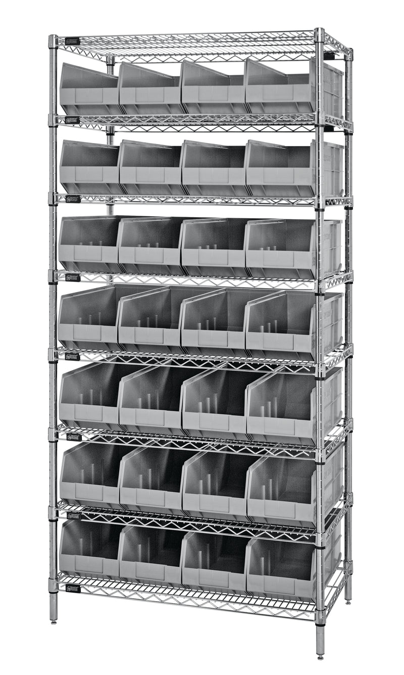 Quantum WR8-483GY, 21"W 36"D 74"H Bin Wire Shelving System, Chrome Plated Finish