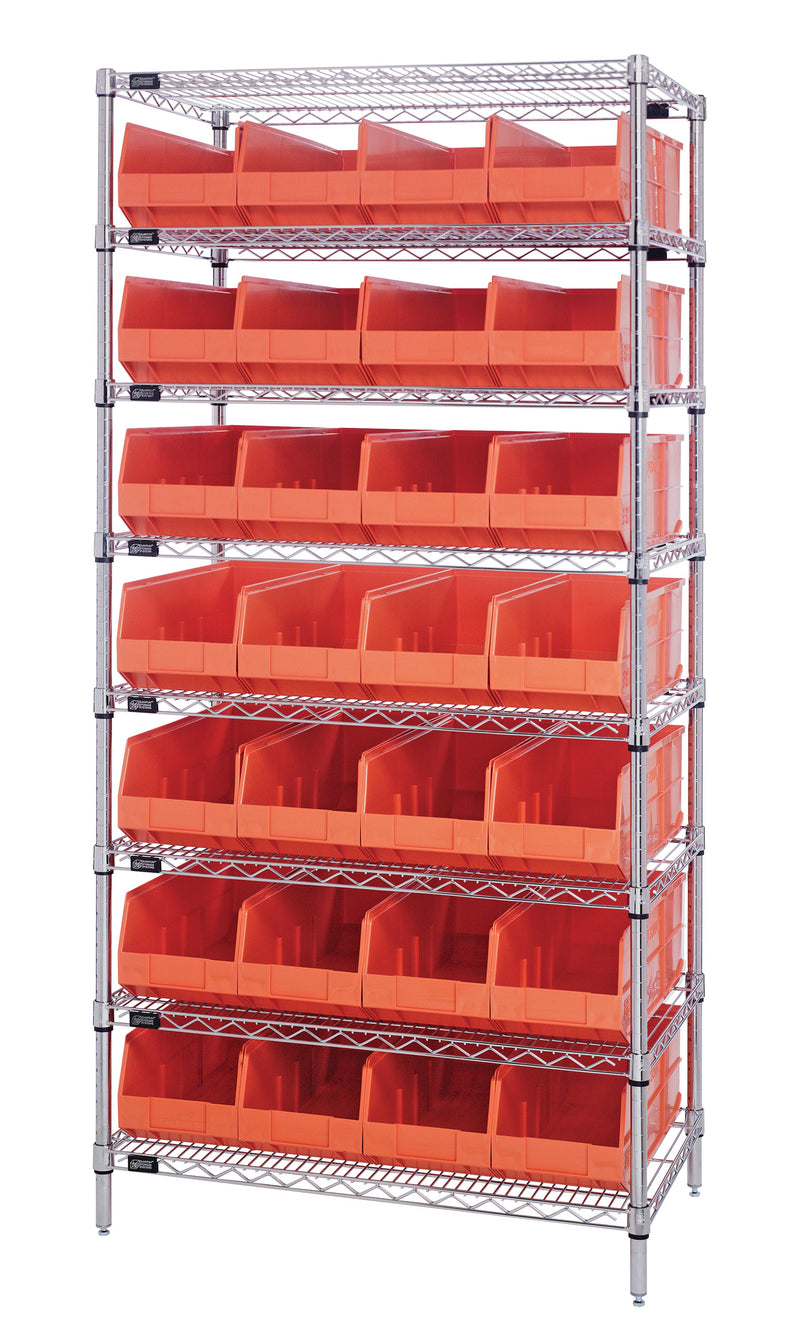 Quantum WR8-483OR, 21"W 36"D 74"H Bin Wire Shelving System,  Bins, Chrome Plated Finish