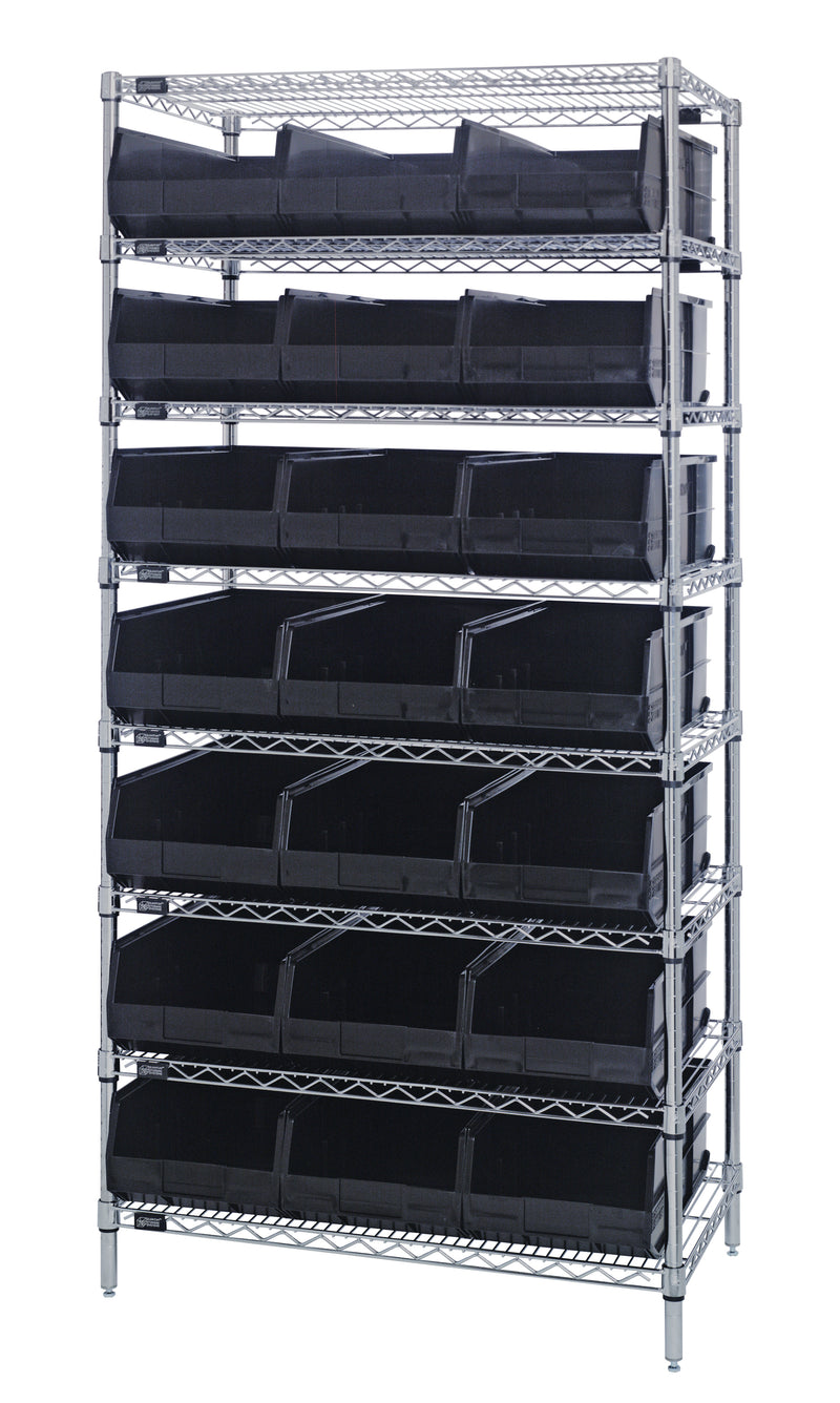 Quantum WR8-485BK, 21"W 36"D 74"H Bin Wire Shelving System, Black Bins, Chrome Plated Finish