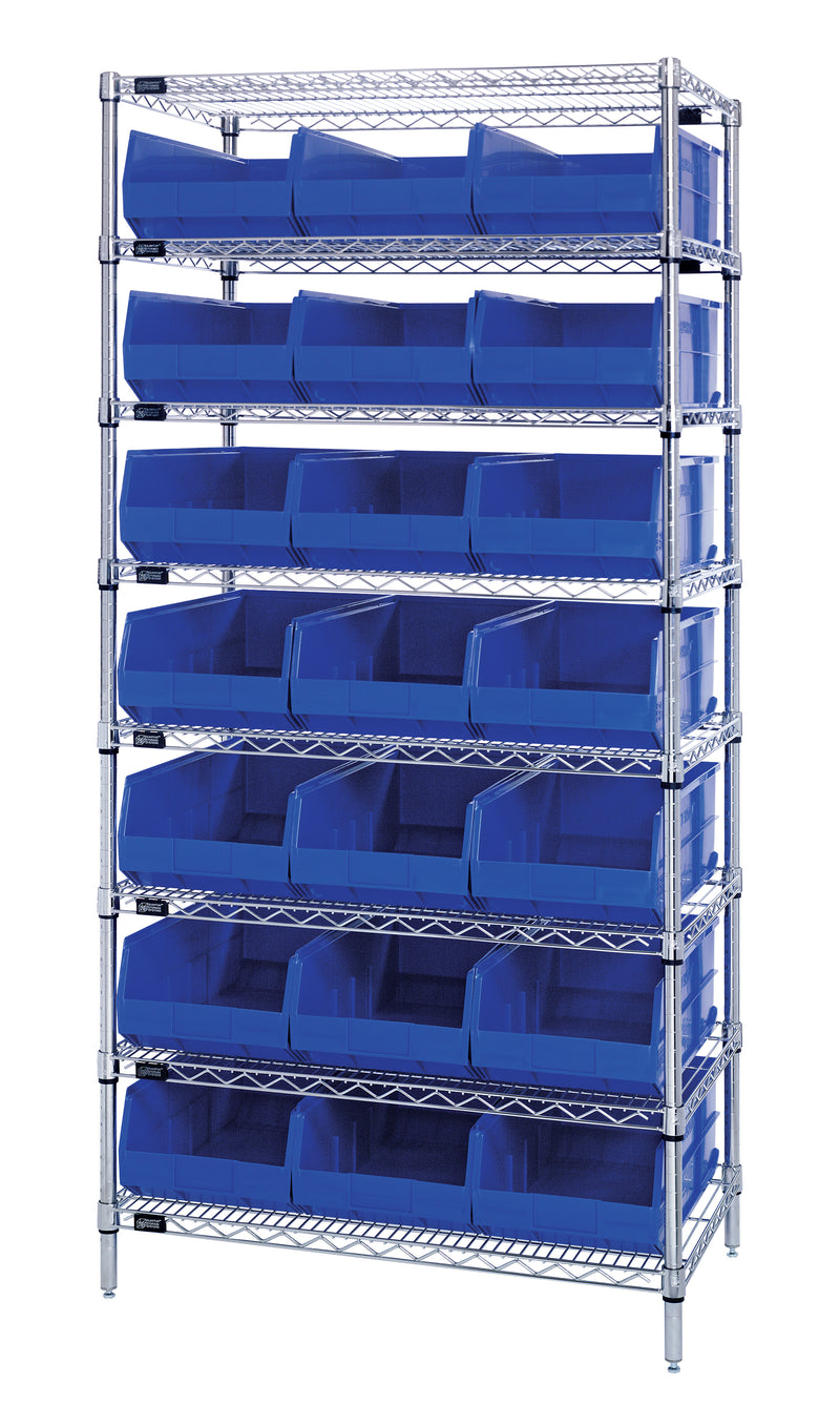 Quantum WR8-485BL, 21"W 36"D 74"H Bin Wire Shelving System, Blue Bins, Chrome Plated Finish