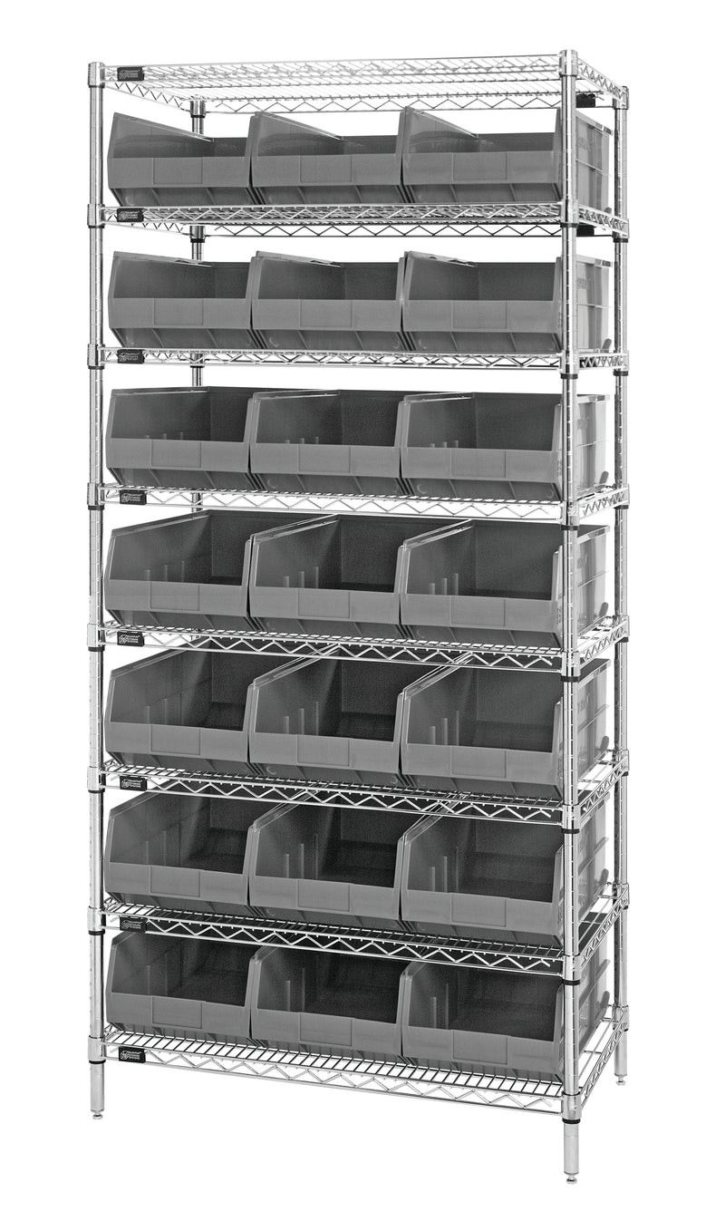 Quantum WR8-485GY, 21"W 36"D 74"H Bin Wire Shelving System, Chrome Plated Finish