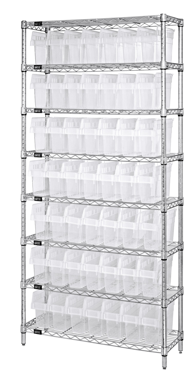 Quantum WR8-801CL, 12"W 36"D 74"H Bin Wire Shelving System, Clear Bins, Chrome Plated Finish