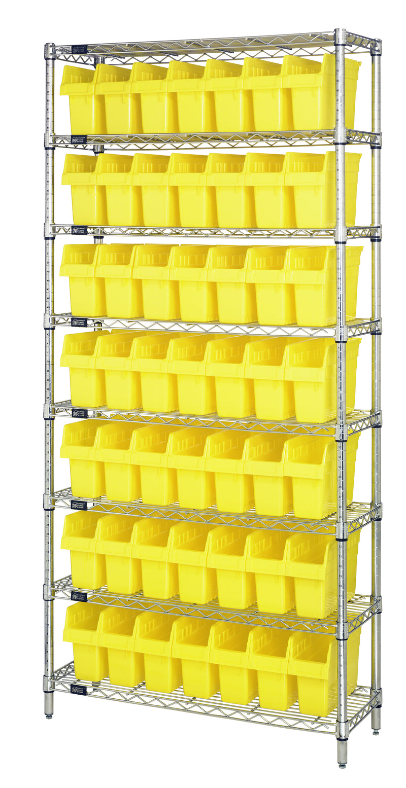 Quantum WR8-801YL, 12"W 36"D 74"H Bin Wire Shelving System, Yellow Bins, Chrome Plated Finish