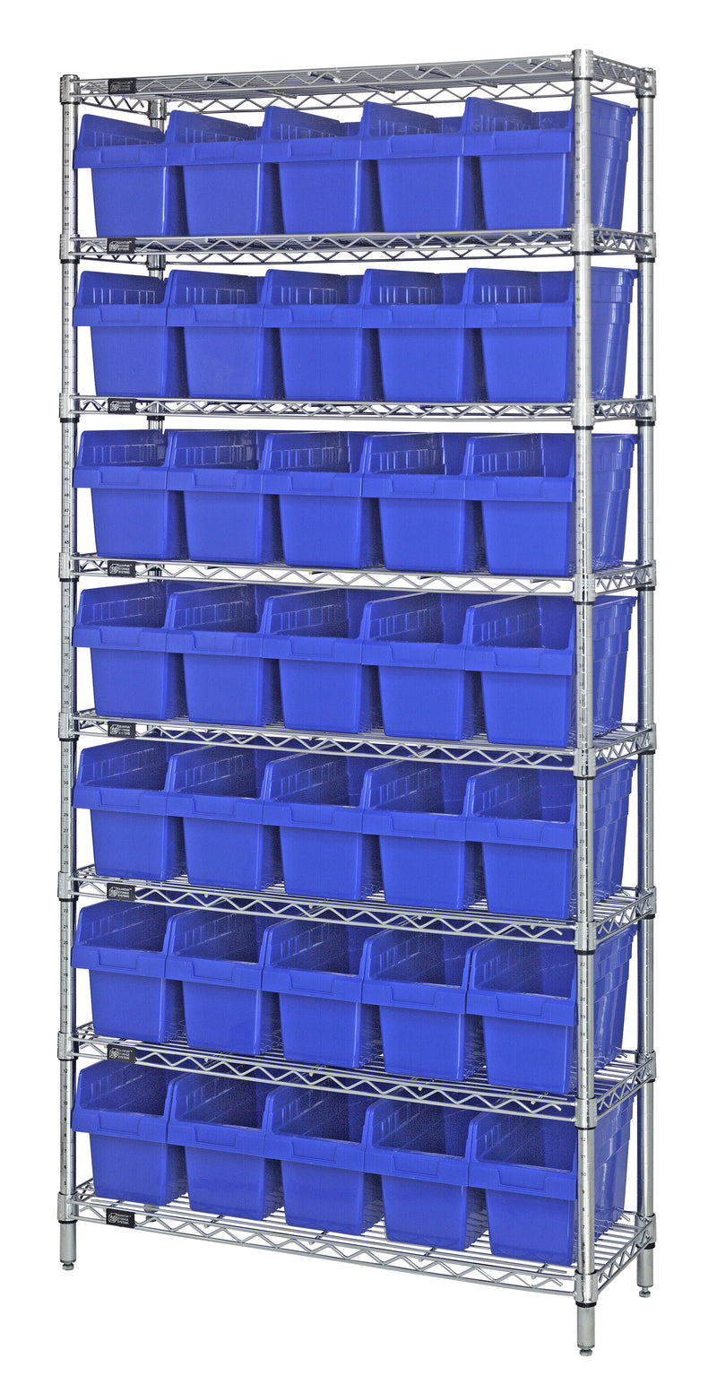 Quantum WR8-802BL, 12"W 36"D 74"H Bin Wire Shelving System, Blue Bins, Chrome Plated Finish